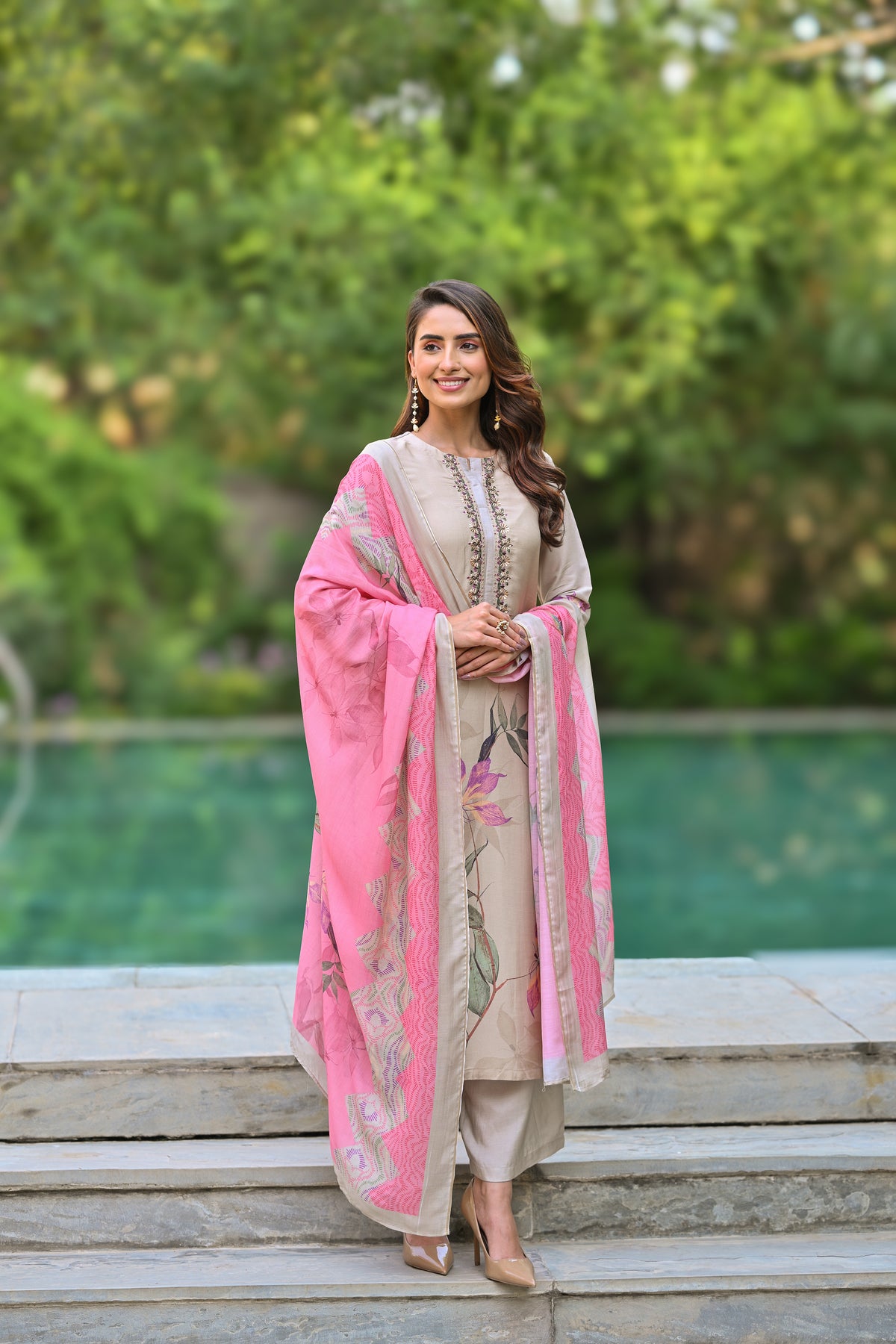 Pure Muslin Almond Bloom Print Suit Set with Thread Moti and Tari work