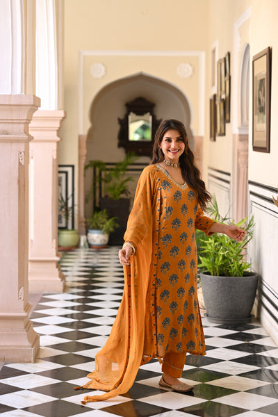 Mustard and blue muslin v neck gota work block print A line suit set with chiffon dupatta