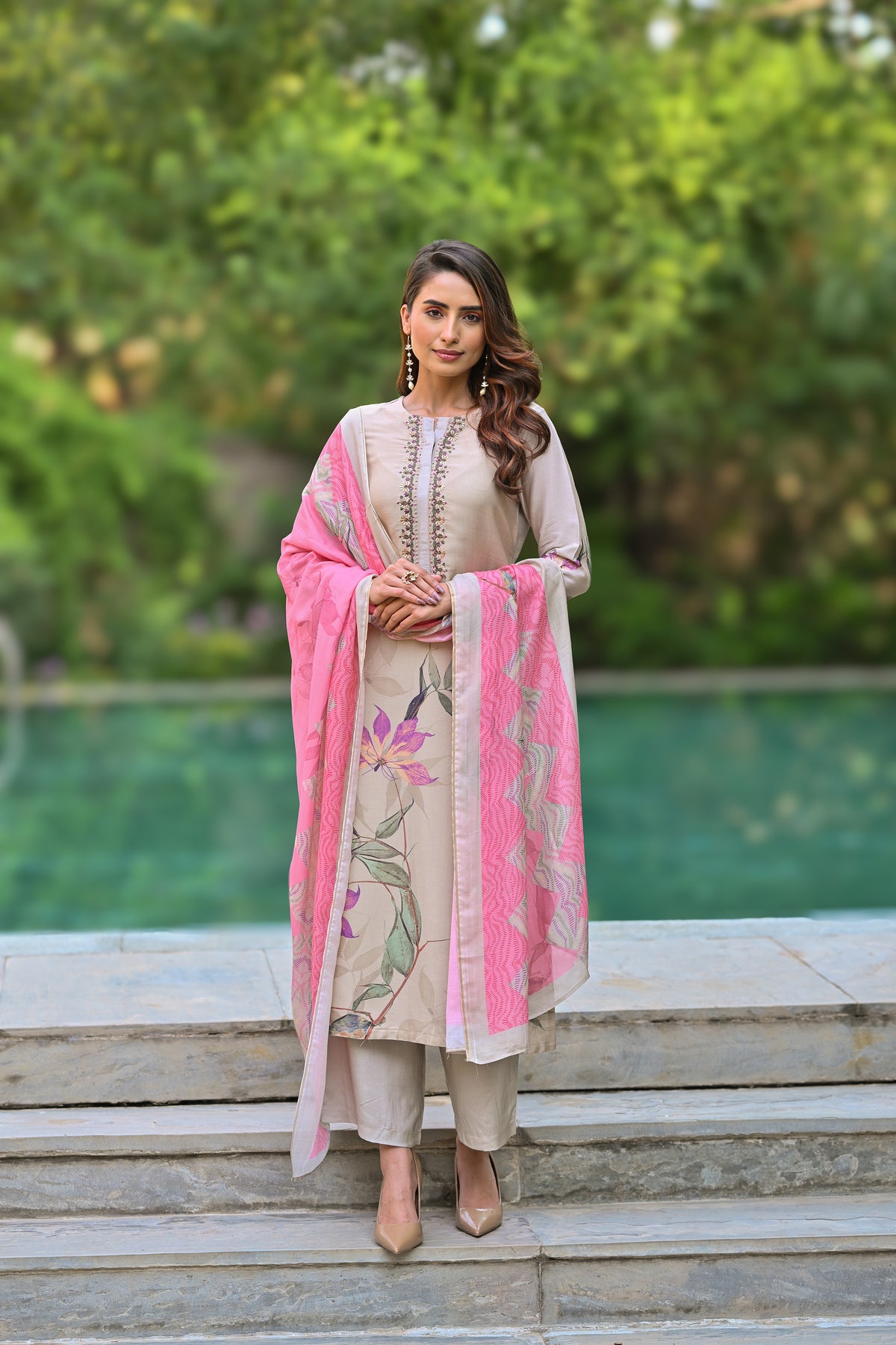 Pure Muslin Almond Bloom Print Suit Set with Thread Moti and Tari work