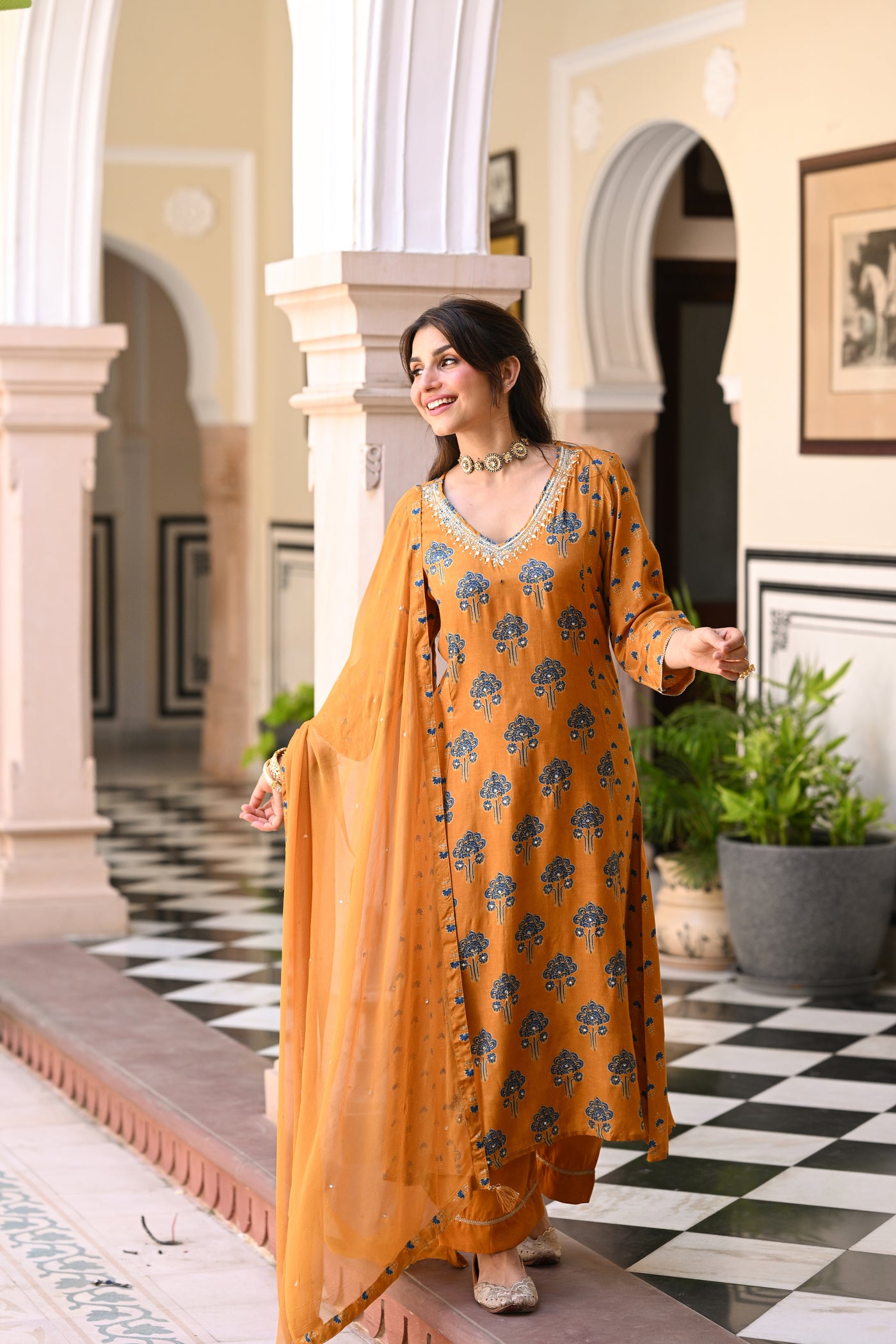 Mustard and blue muslin v neck gota work block print A line suit set with chiffon dupatta