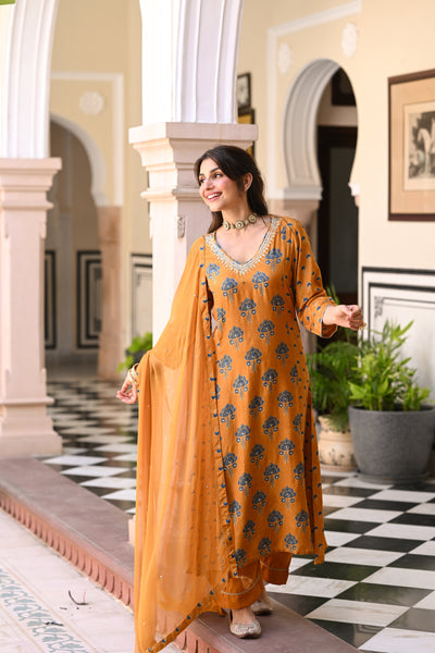 Mustard and blue muslin v neck gota work block print A line suit set with chiffon dupatta
