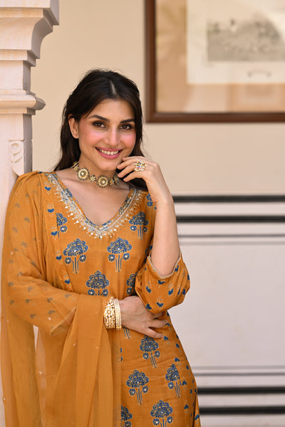 Mustard and blue muslin v neck gota work block print A line suit set with chiffon dupatta