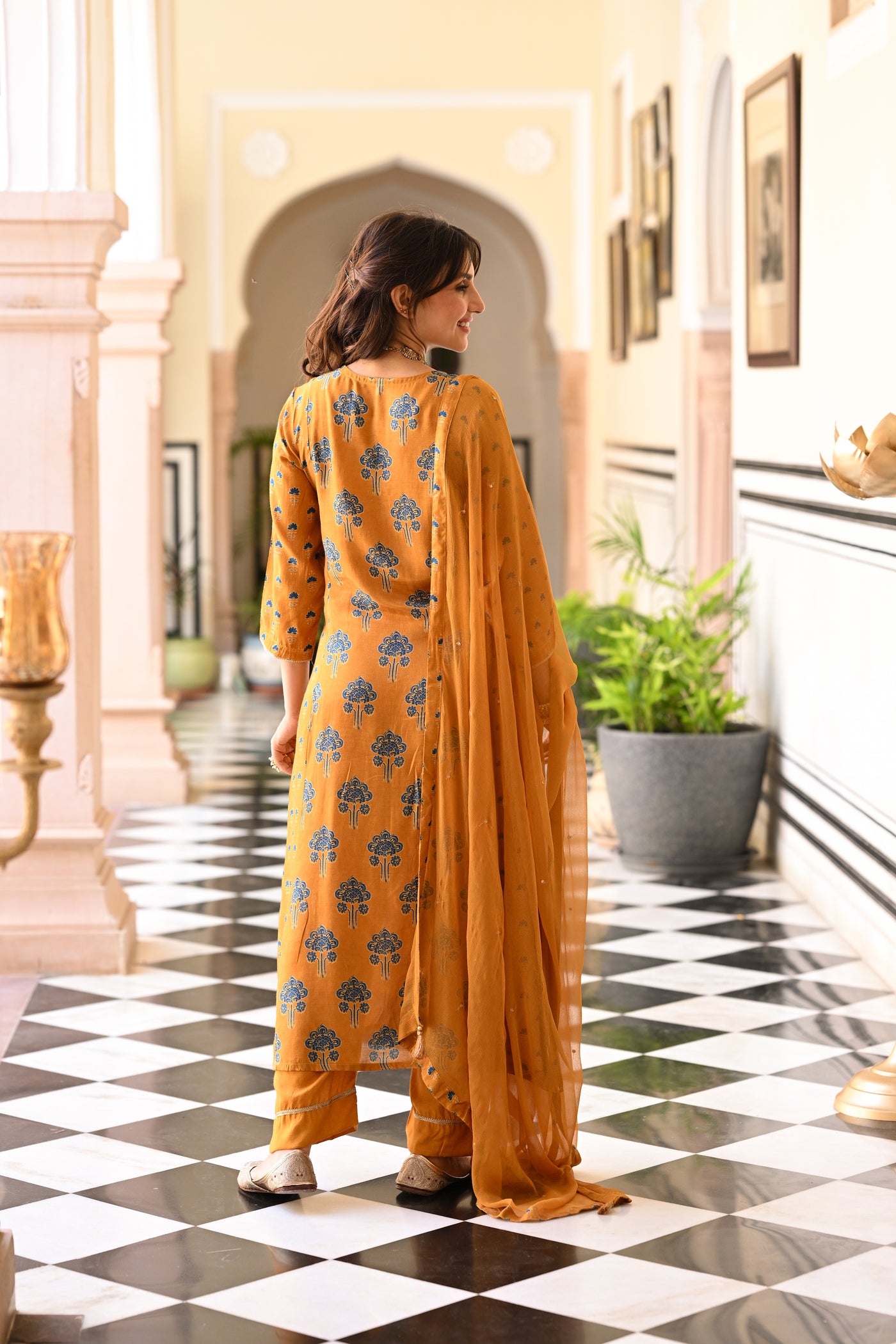 Mustard and blue muslin v neck gota work block print A line suit set with chiffon dupatta
