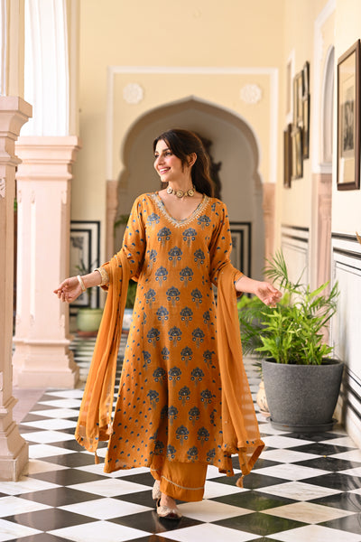 Mustard and blue muslin v neck gota work block print A line suit set with chiffon dupatta