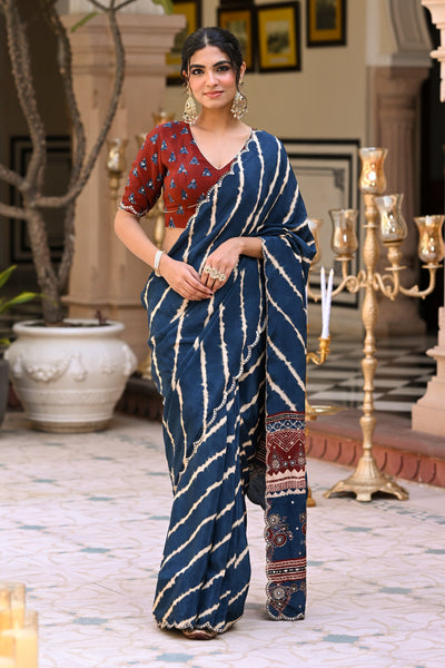 Blue Lehariya Block Print with Aari, Sequence and Mirror Work Crepe Saree