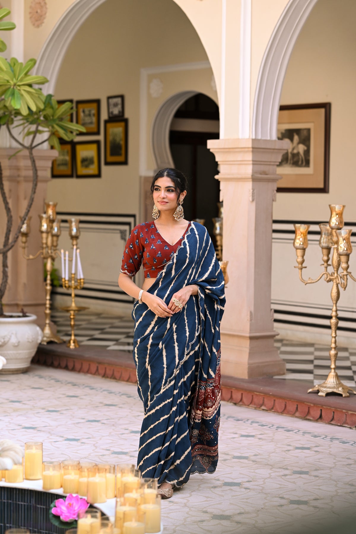 Blue Lehariya Block Print with Aari, Sequence and Mirror Work Crepe Saree