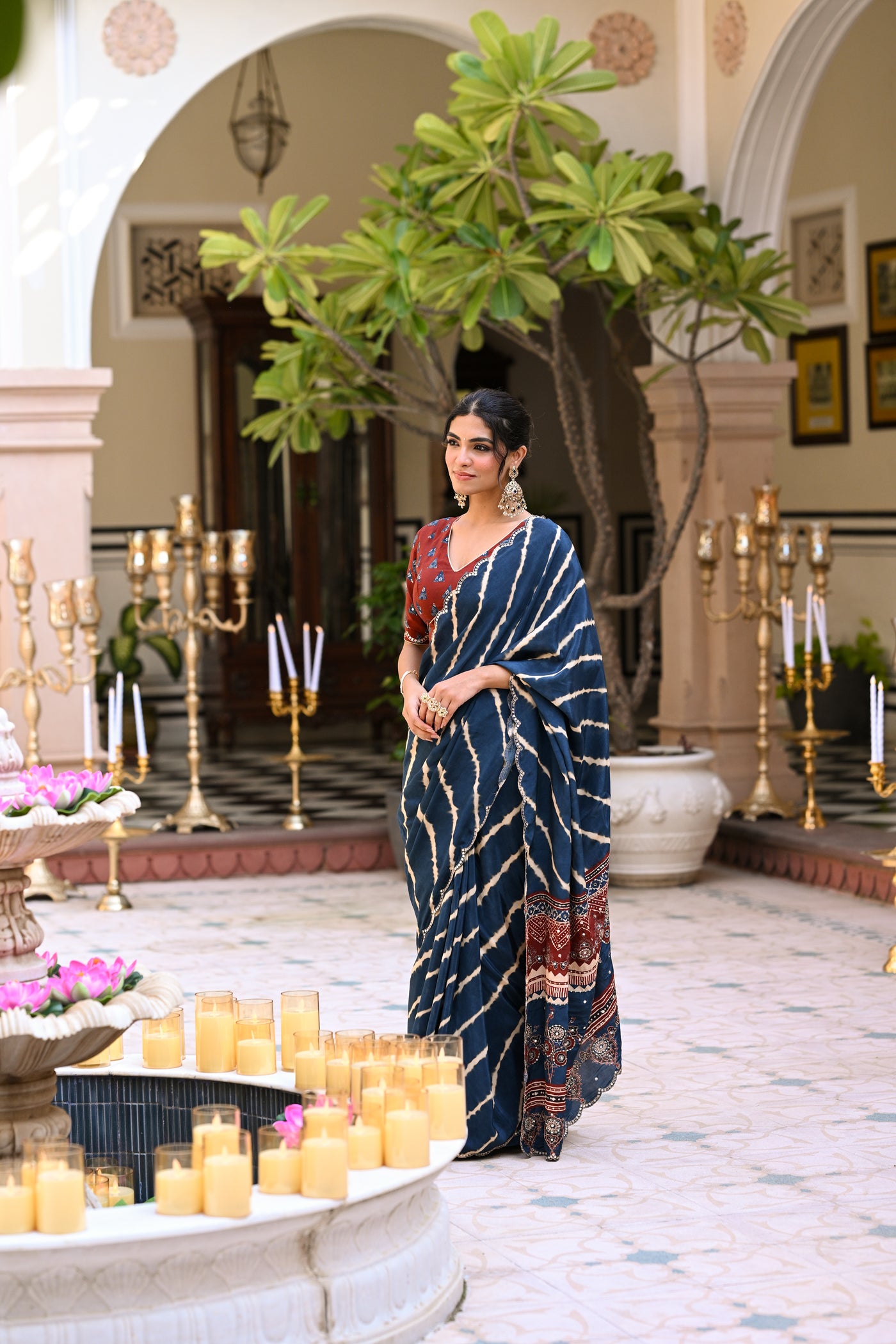 Blue Lehariya Block Print with Aari, Sequence and Mirror Work Crepe Saree