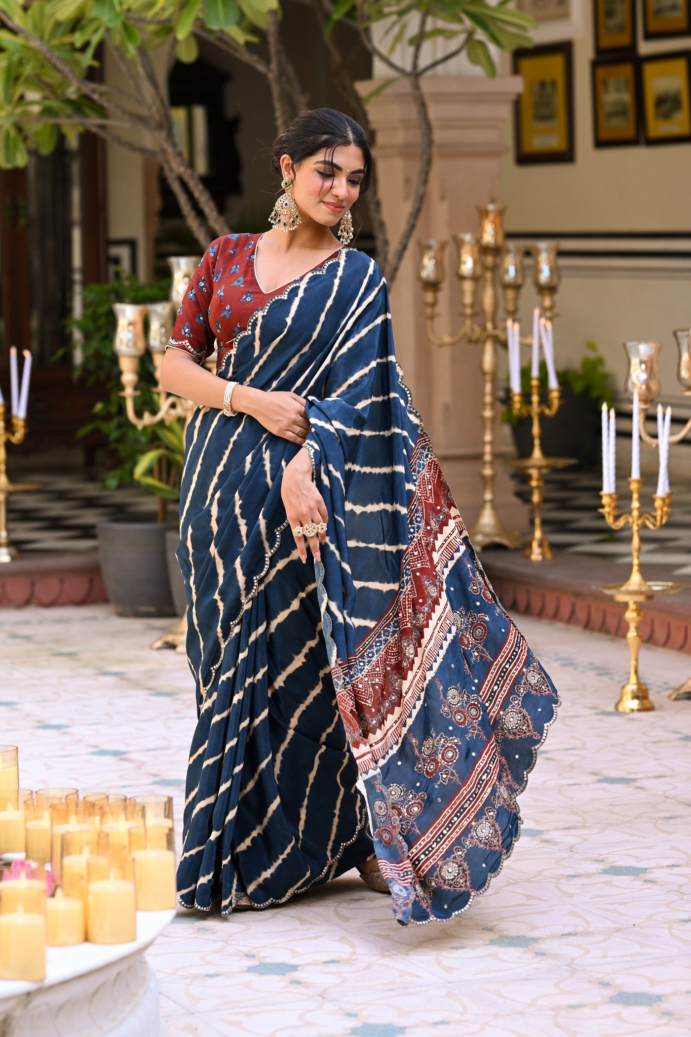 Blue Lehariya Block Print with Aari, Sequence and Mirror Work Crepe Saree