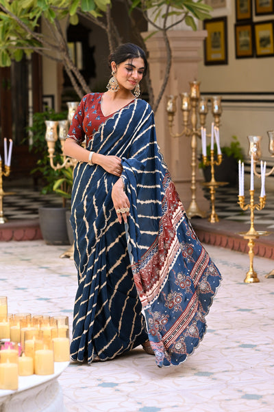 Blue Lehariya Block Print with Aari, Sequence and Mirror Work Crepe Saree