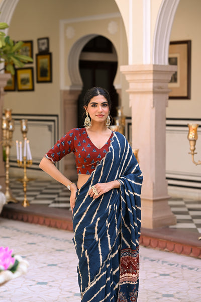 Blue Lehariya Block Print with Aari, Sequence and Mirror Work Crepe Saree