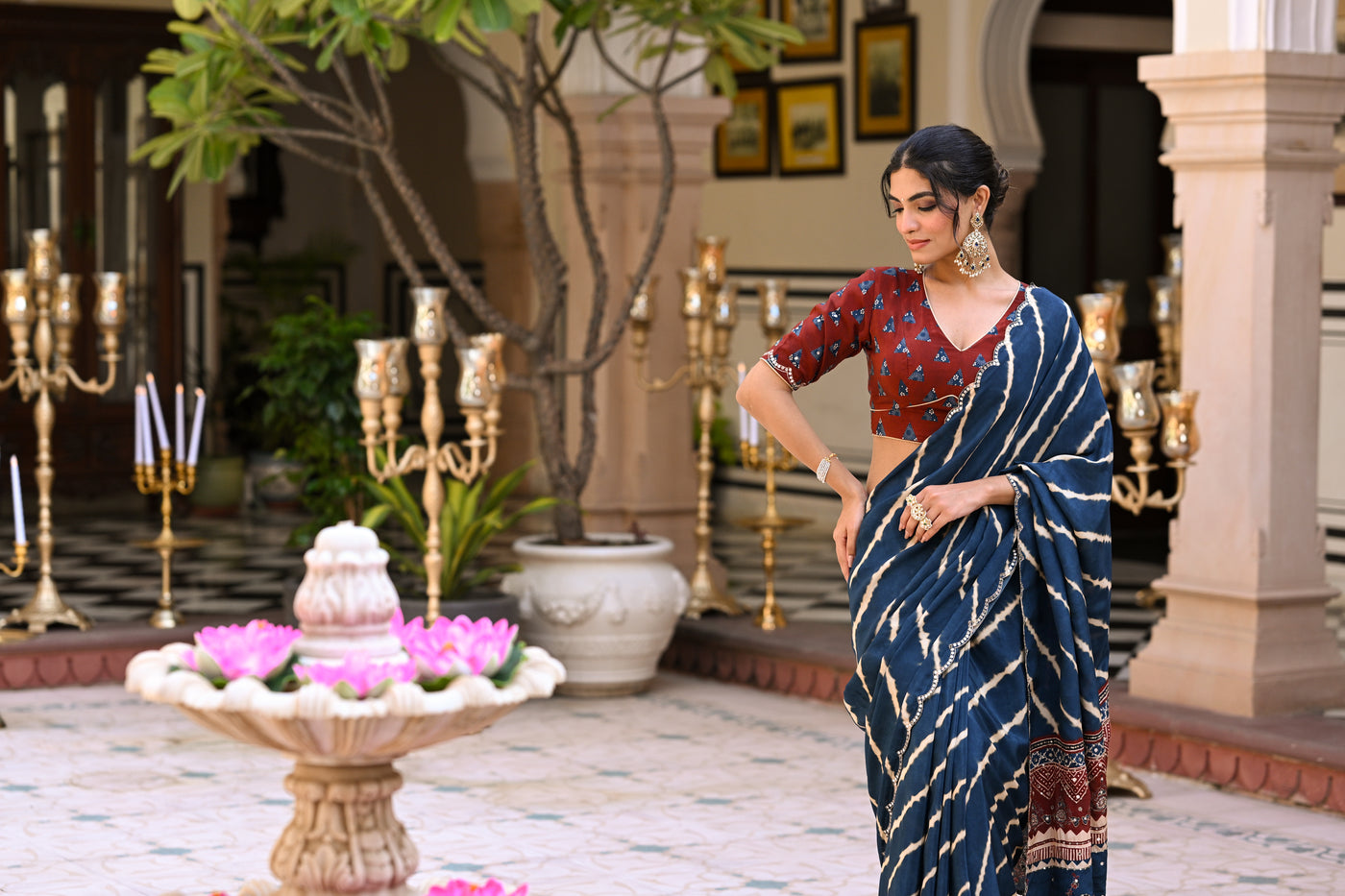 Blue Lehariya Block Print with Aari, Sequence and Mirror Work Crepe Saree