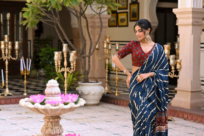Blue Lehariya Block Print with Aari, Sequence and Mirror Work Crepe Saree