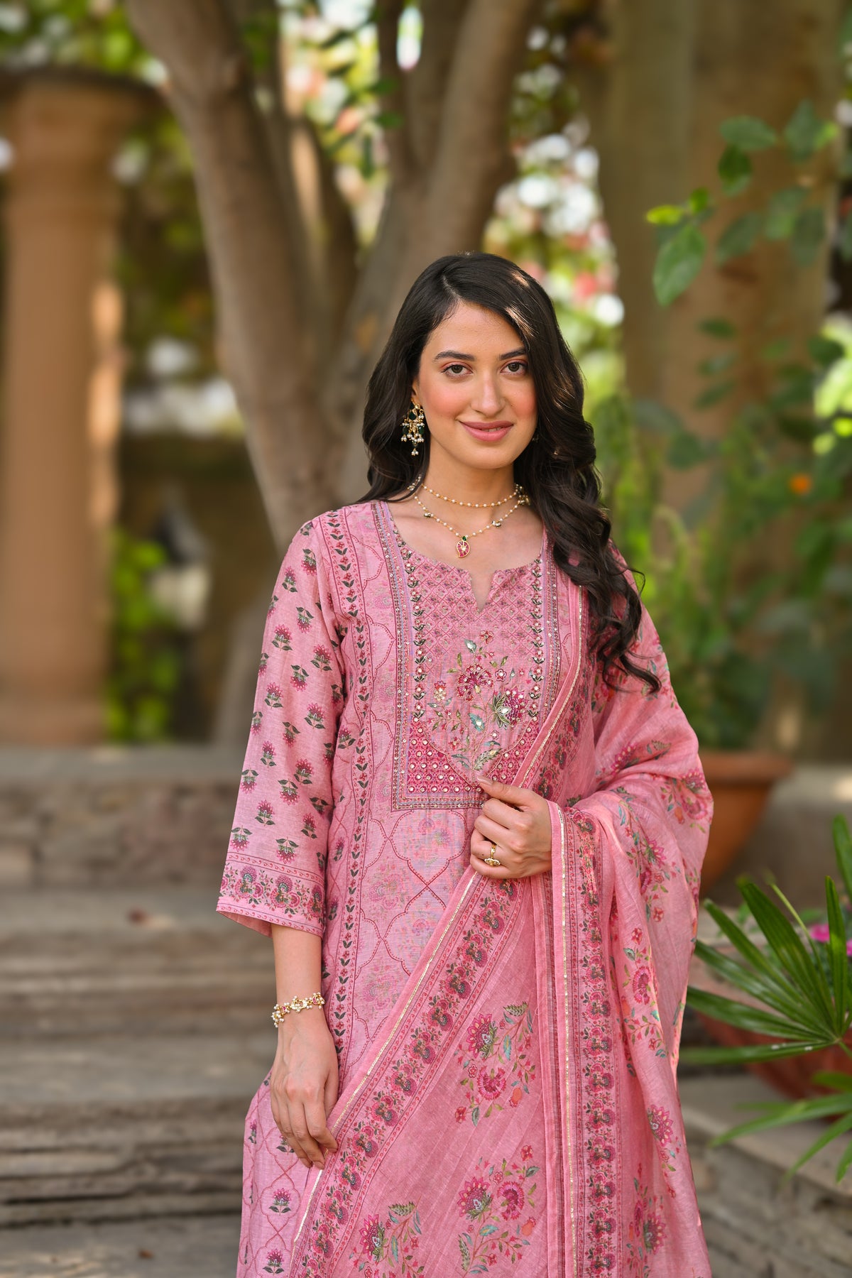 Pink Daman Block Print Chanderi Suit Set