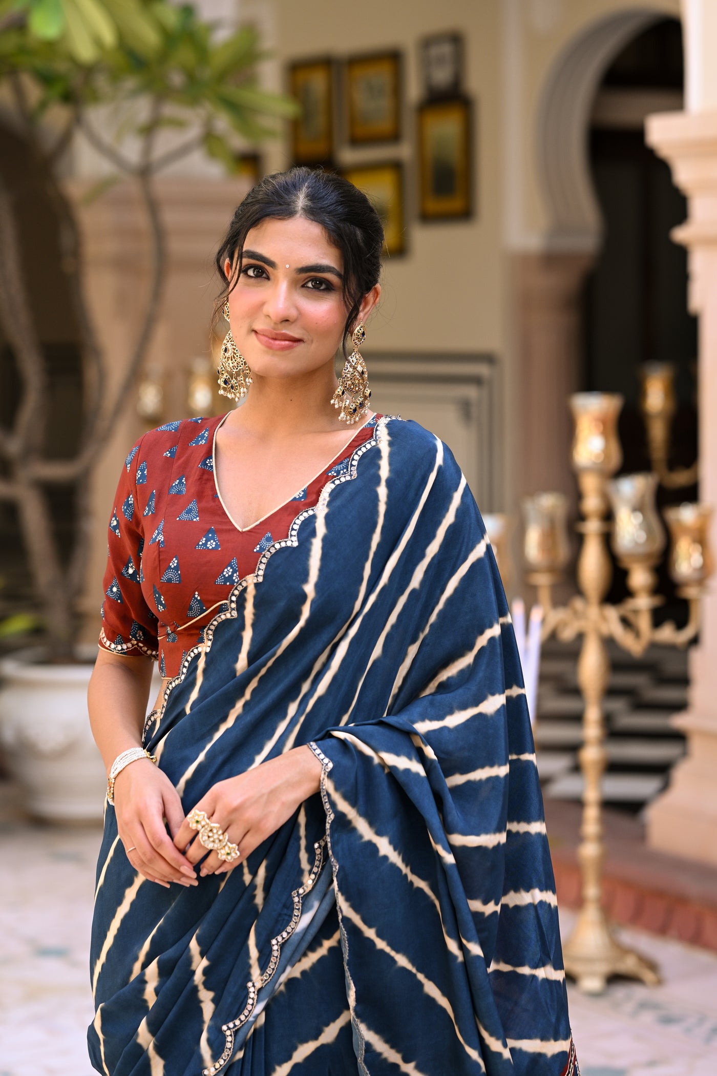 Blue Lehariya Block Print with Aari, Sequence and Mirror Work Crepe Saree
