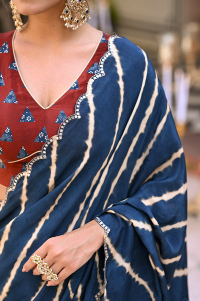 Blue Lehariya Block Print with Aari, Sequence and Mirror Work Crepe Saree