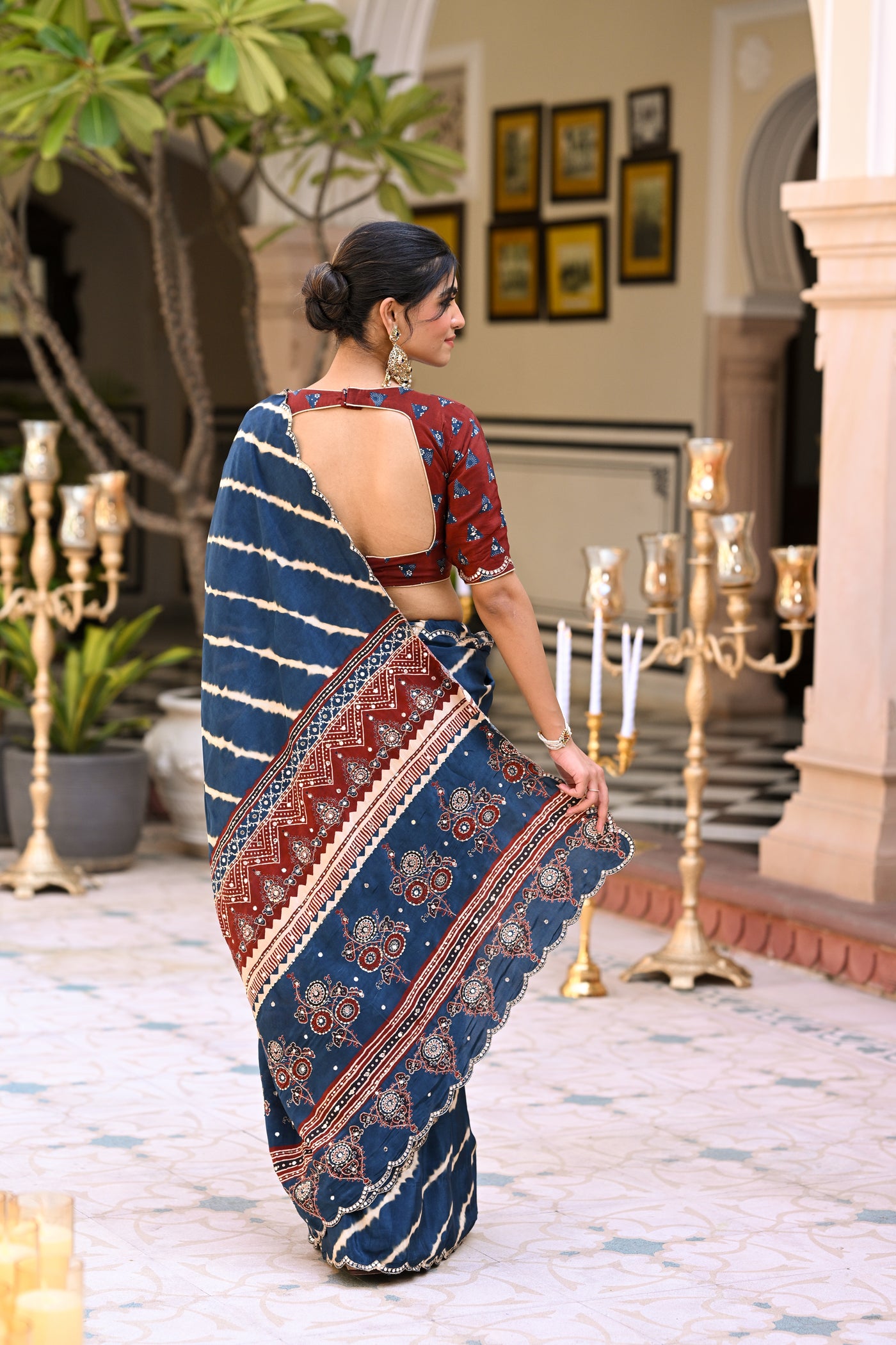 Blue Lehariya Block Print with Aari, Sequence and Mirror Work Crepe Saree
