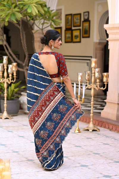 Blue Lehariya Block Print with Aari, Sequence and Mirror Work Crepe Saree