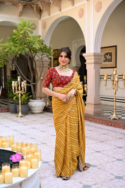 Yellow Lehariya with Ghewar Print Crepe Saree with Aari, Sequence and Mirror Work
