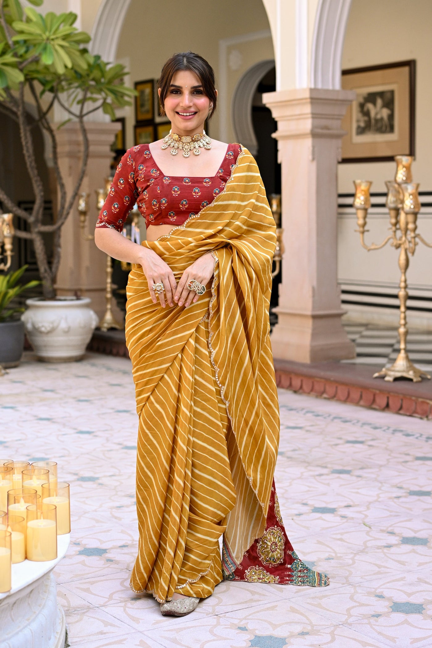 Yellow Lehariya with Ghewar Print Crepe Saree with Aari, Sequence and Mirror Work