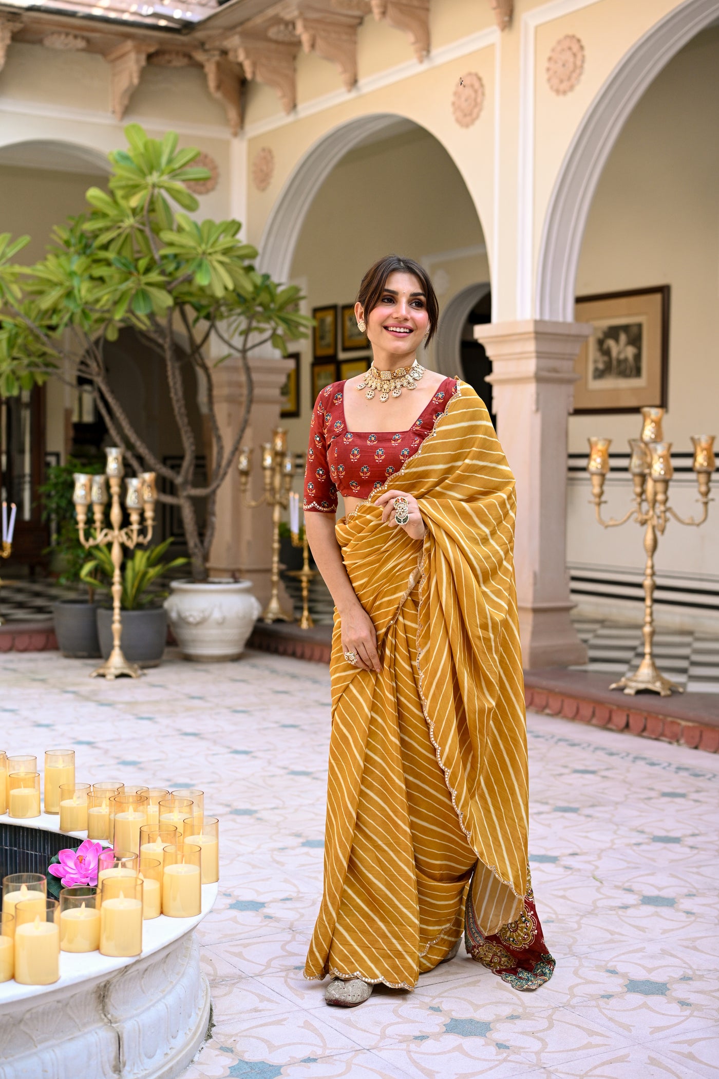 Yellow Lehariya with Ghewar Print Crepe Saree with Aari, Sequence and Mirror Work