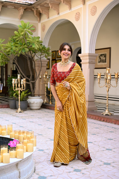 Yellow Lehariya with Ghewar Print Crepe Saree with Aari, Sequence and Mirror Work