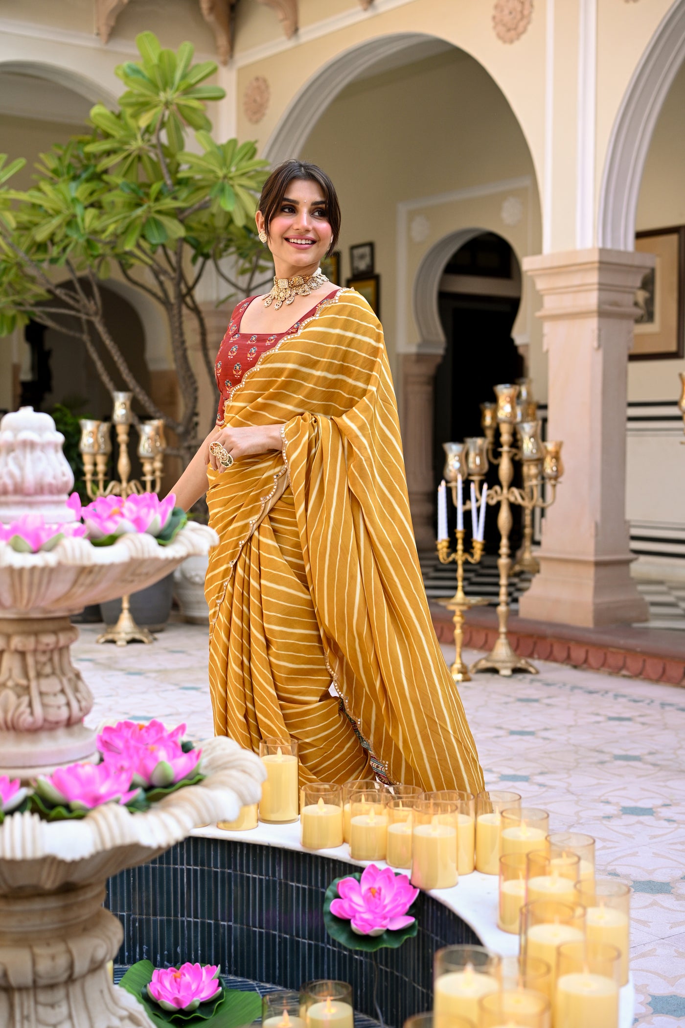 Yellow Lehariya with Ghewar Print Crepe Saree with Aari, Sequence and Mirror Work
