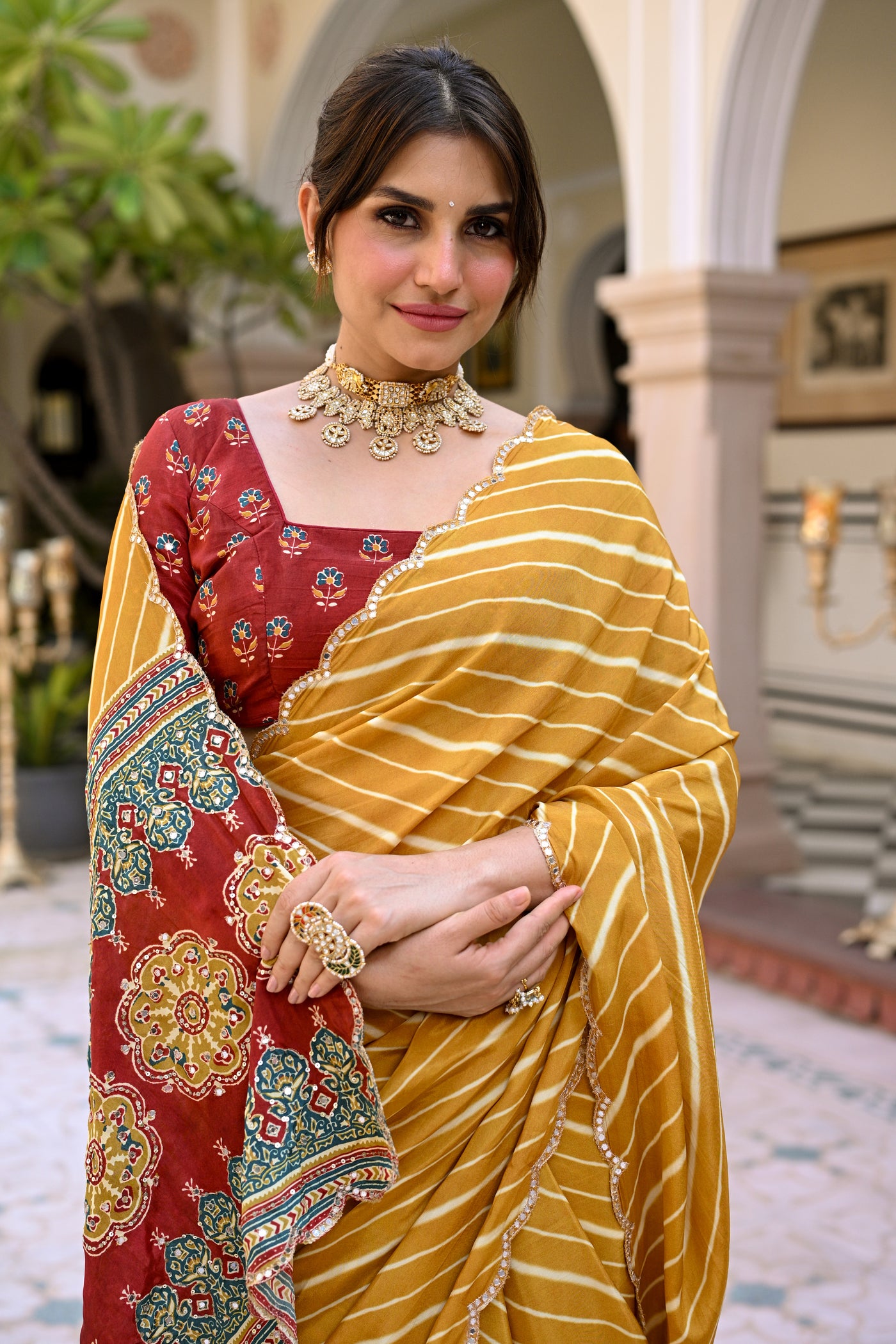 Yellow Lehariya with Ghewar Print Crepe Saree with Aari, Sequence and Mirror Work