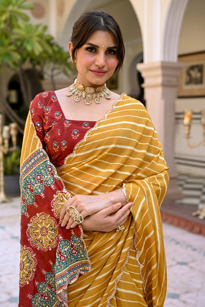 Yellow Lehariya with Ghewar Print Crepe Saree with Aari, Sequence and Mirror Work
