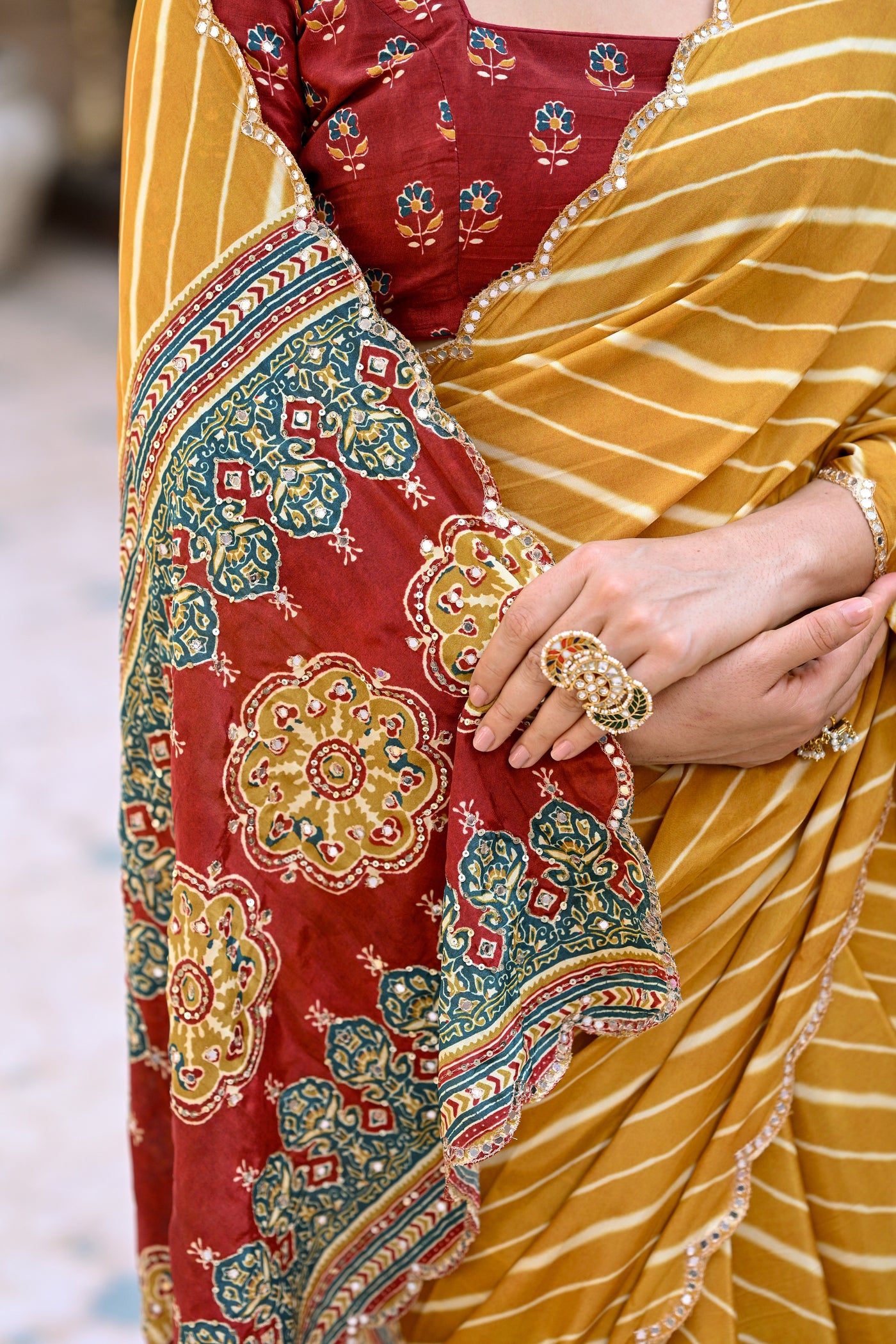 Yellow Lehariya with Ghewar Print Crepe Saree with Aari, Sequence and Mirror Work