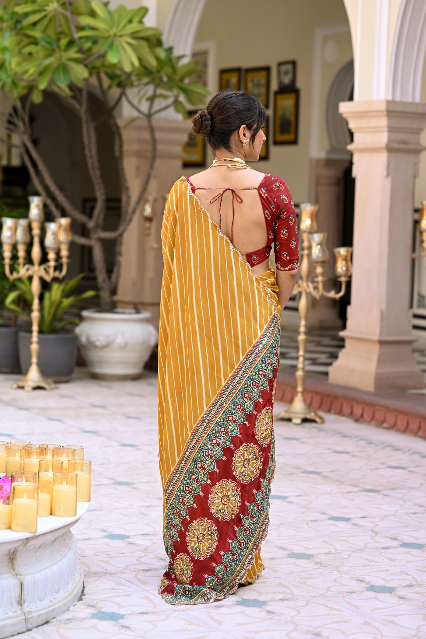 Yellow Lehariya with Ghewar Print Crepe Saree with Aari, Sequence and Mirror Work