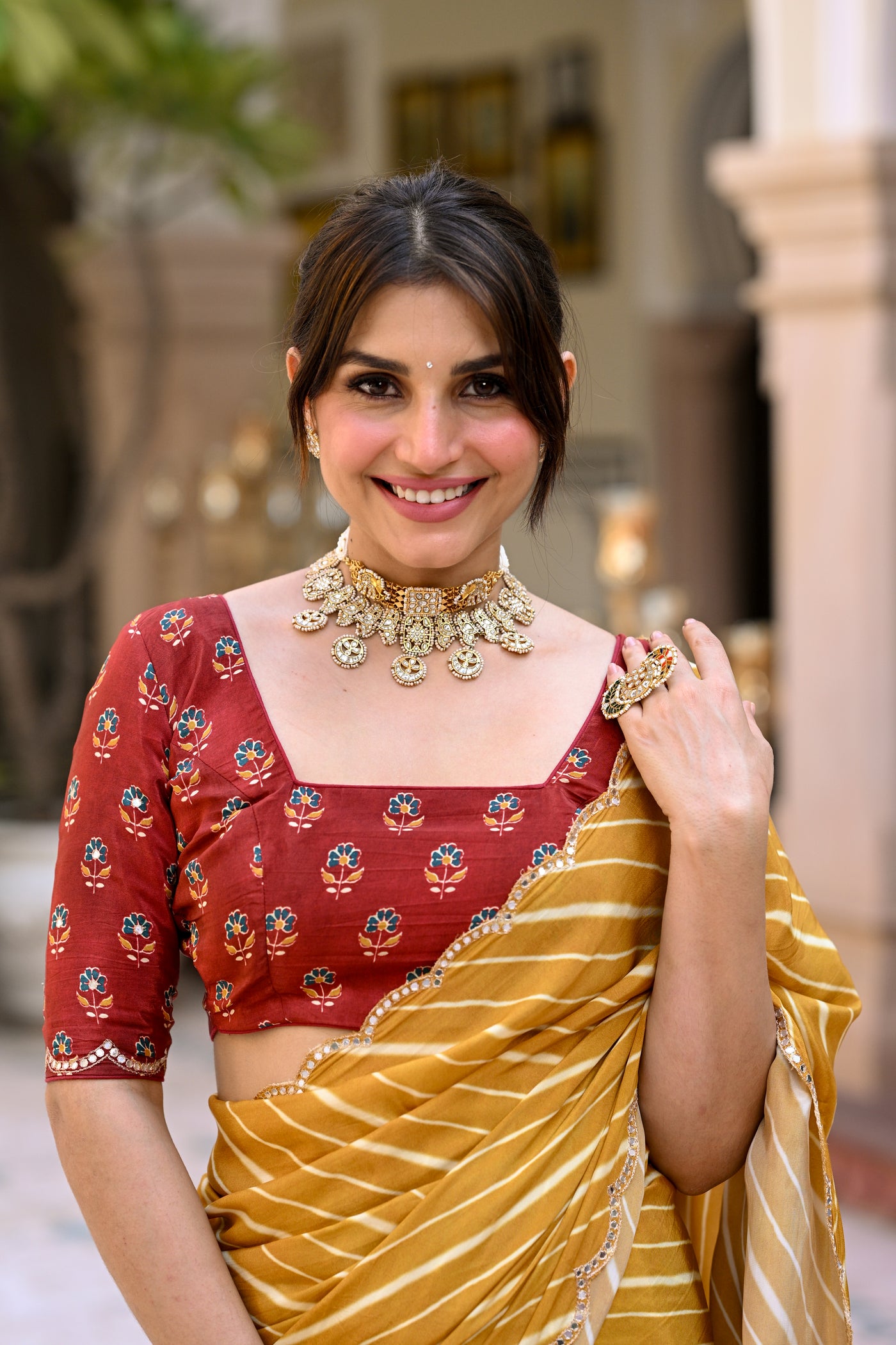 Yellow Lehariya with Ghewar Print Crepe Saree with Aari, Sequence and Mirror Work