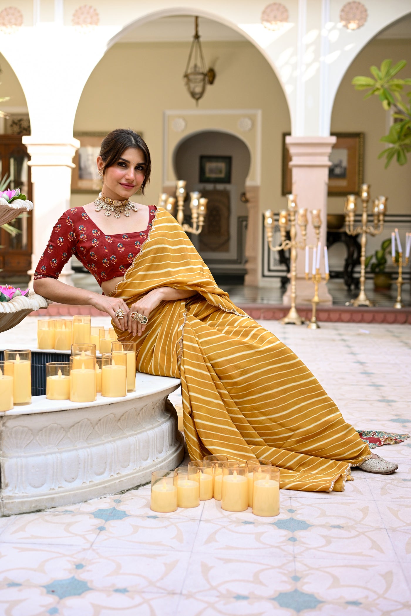 Yellow Lehariya with Ghewar Print Crepe Saree with Aari, Sequence and Mirror Work
