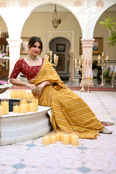 Yellow Lehariya with Ghewar Print Crepe Saree with Aari, Sequence and Mirror Work