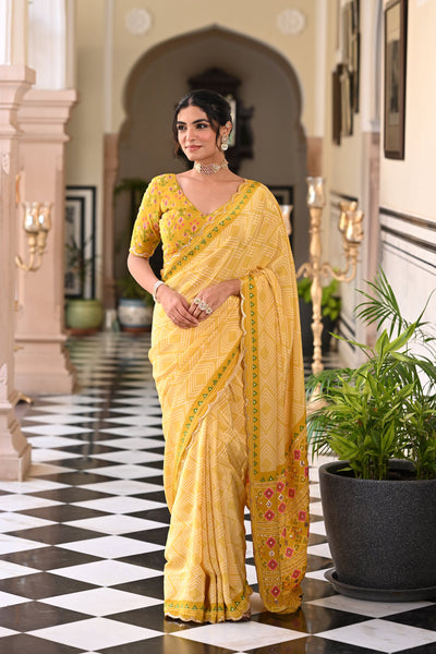 Yellow Bandhani With Patola Design Saree With Mirror Aari And Sequence Work