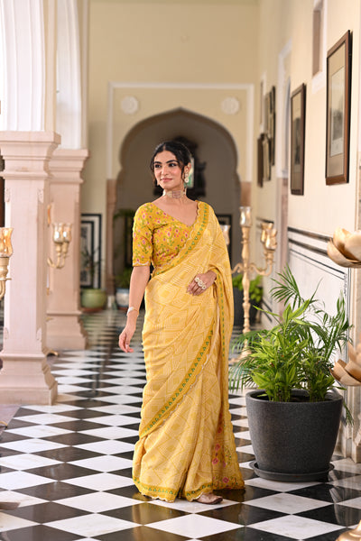 Yellow Bandhani With Patola Design Saree With Mirror Aari And Sequence Work