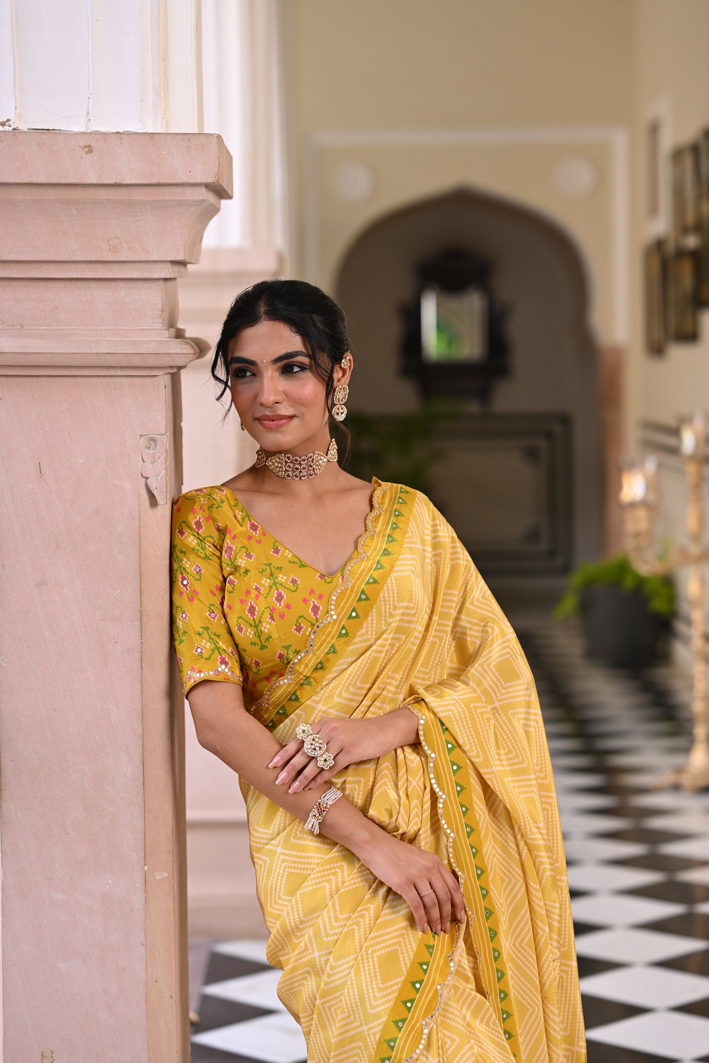 Yellow Bandhani With Patola Design Saree With Mirror Aari And Sequence Work