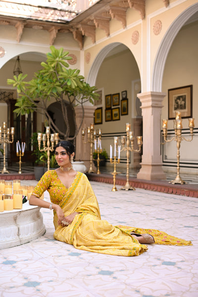 Yellow Bandhani With Patola Design Saree With Mirror Aari And Sequence Work