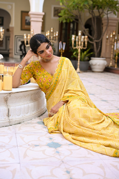 Yellow Bandhani With Patola Design Saree With Mirror Aari And Sequence Work