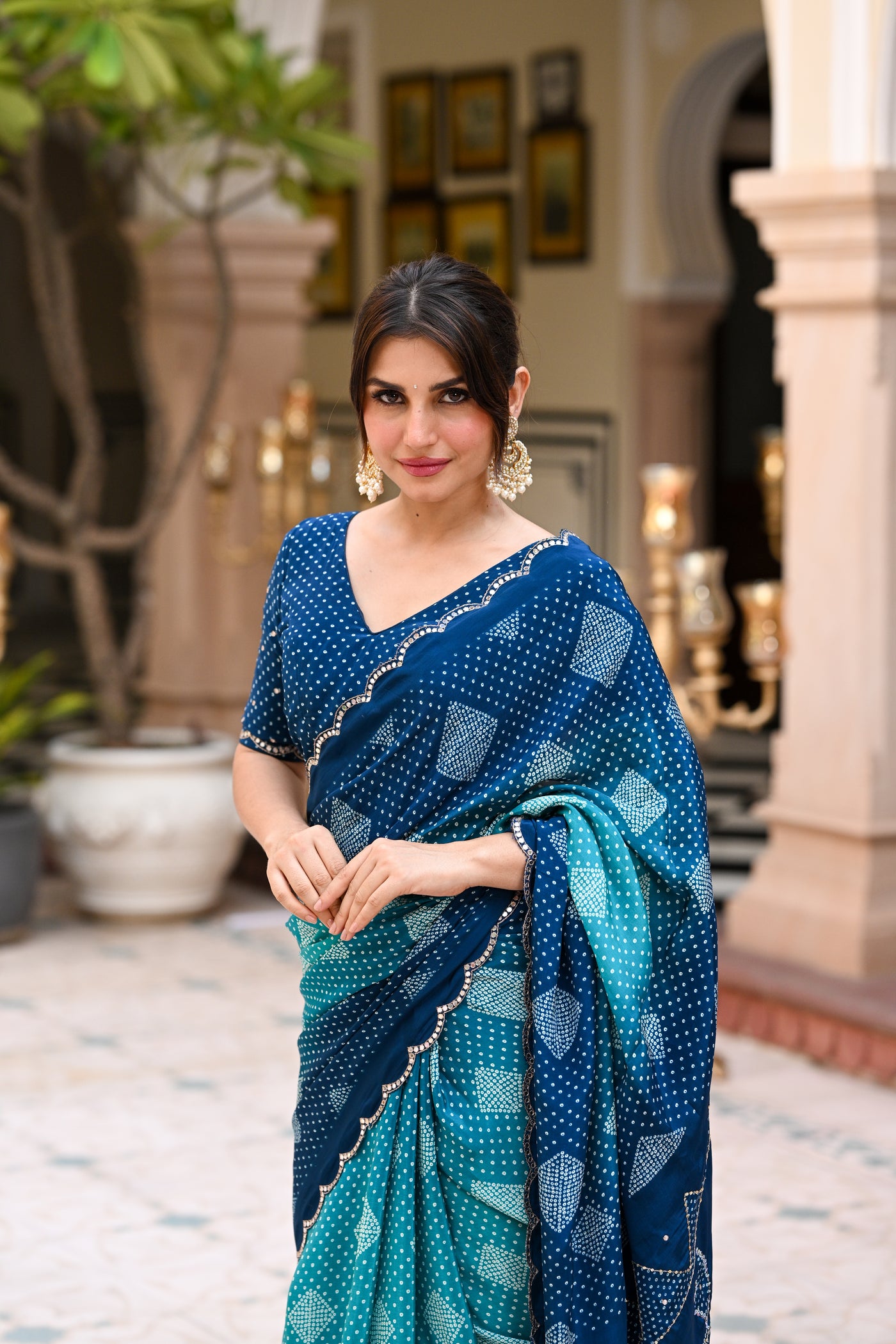 Turquoise Blue and Green Bandhani Saree With Mirror , Aari and Sequence work