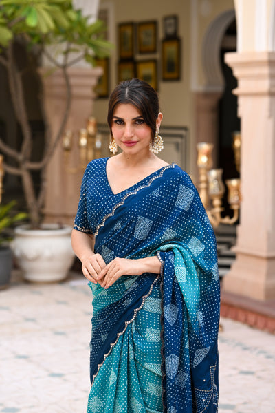 Turquoise Blue and Green Bandhani Saree With Mirror , Aari and Sequence work