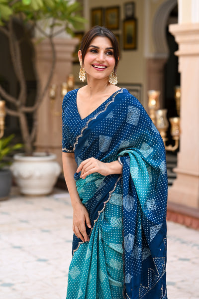 Turquoise Blue and Green Bandhani Saree With Mirror , Aari and Sequence work
