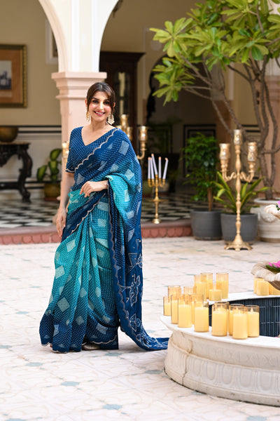 Turquoise Blue and Green Bandhani Saree With Mirror , Aari and Sequence work