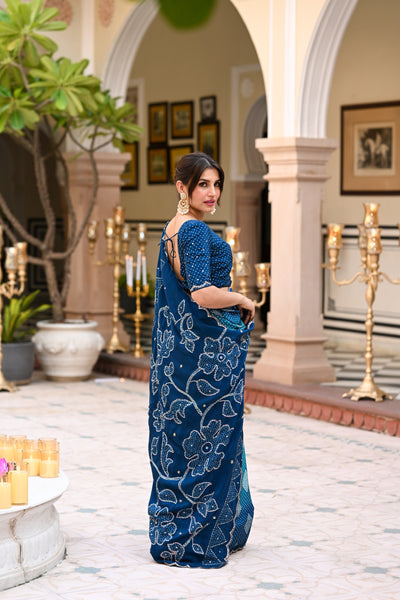 Turquoise Blue and Green Bandhani Saree With Mirror , Aari and Sequence work