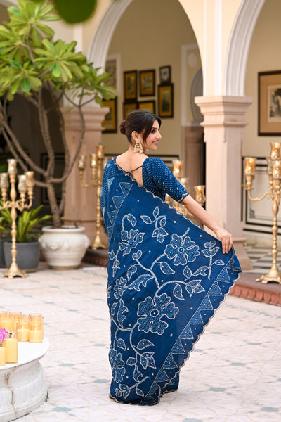 Turquoise Blue and Green Bandhani Saree With Mirror , Aari and Sequence work