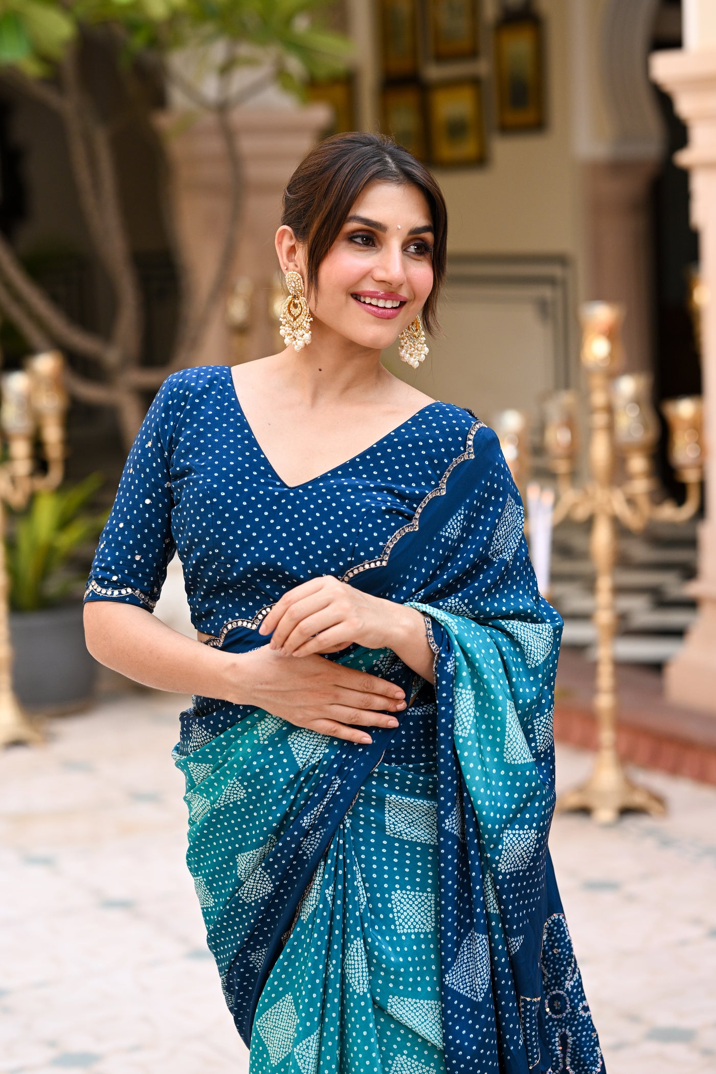 Turquoise Blue and Green Bandhani Saree With Mirror , Aari and Sequence work