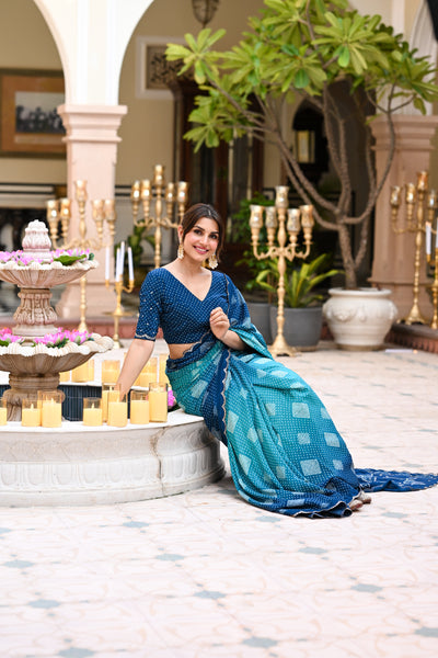 Turquoise Blue and Green Bandhani Saree With Mirror , Aari and Sequence work
