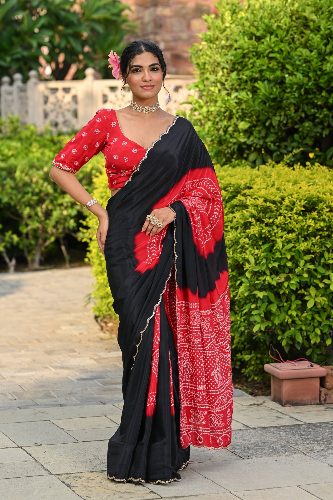 Black and Red Ghewar Print Crepe Saree with Aari and  Mirror Work and Scallop Border