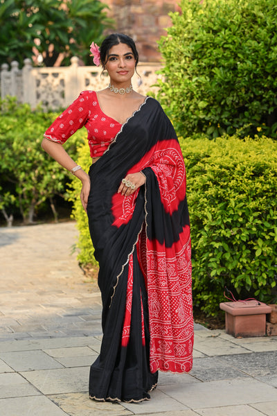 Black and Red Ghewar Print Crepe Saree with Aari and  Mirror Work and Scallop Border