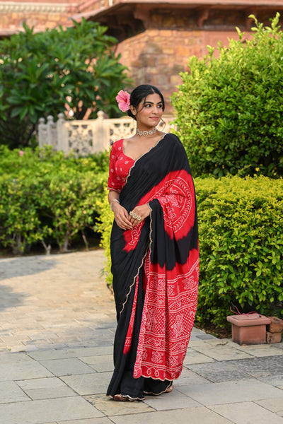 Black and Red Ghewar Print Crepe Saree with Aari and  Mirror Work and Scallop Border