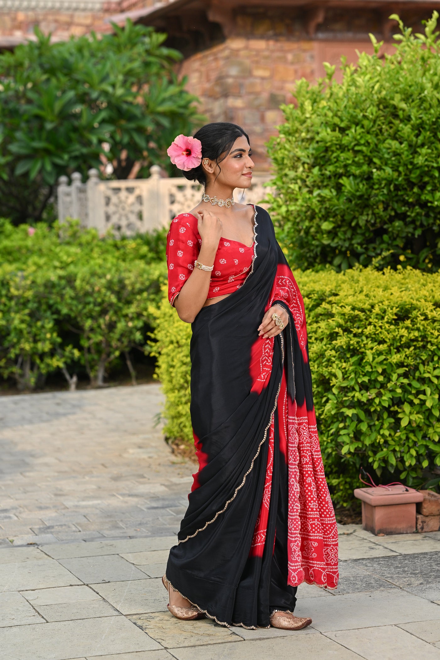 Black and Red Ghewar Print Crepe Saree with Aari and  Mirror Work and Scallop Border